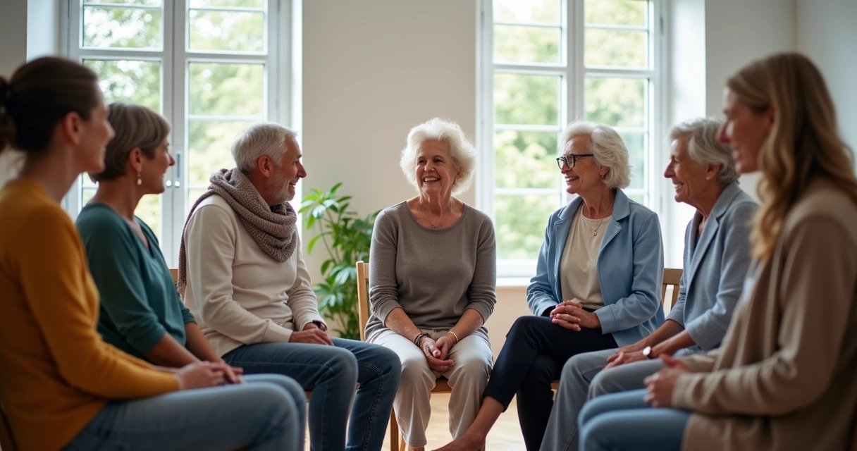 Grupo de apoio oncológico reunido em círculo conversando 
