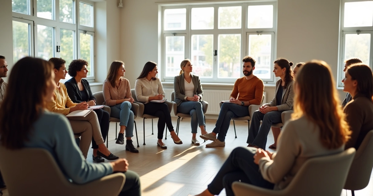 Grupo de pessoas sentadas em círculo conversando entre si 