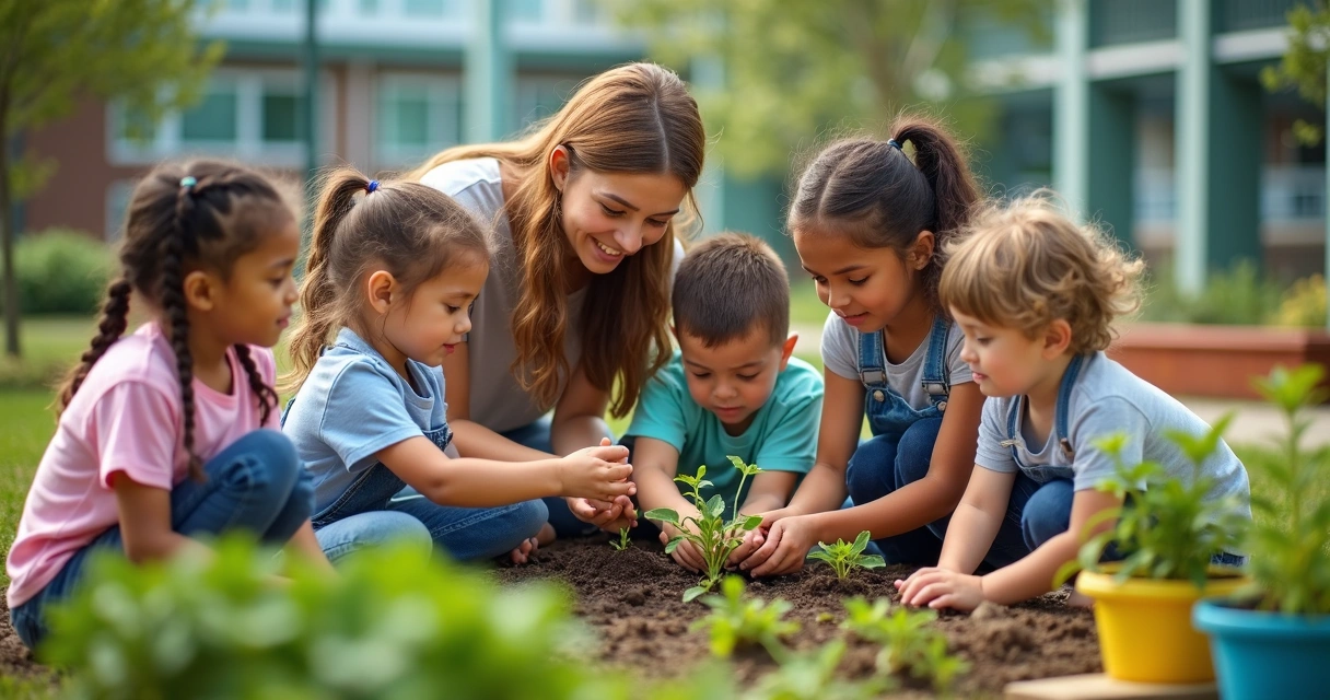 Grupo de crianças plantando mudas em jardim escolar 