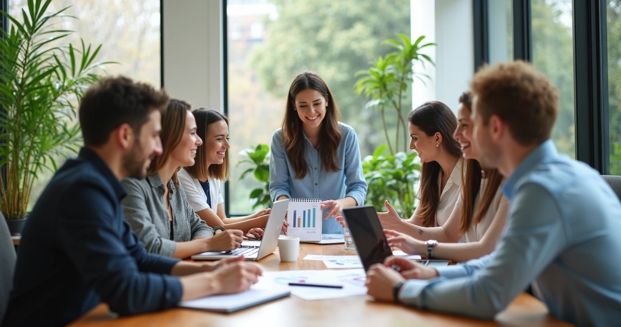 Colaboradores conversando em reunião colaborativa no escritório moderno 