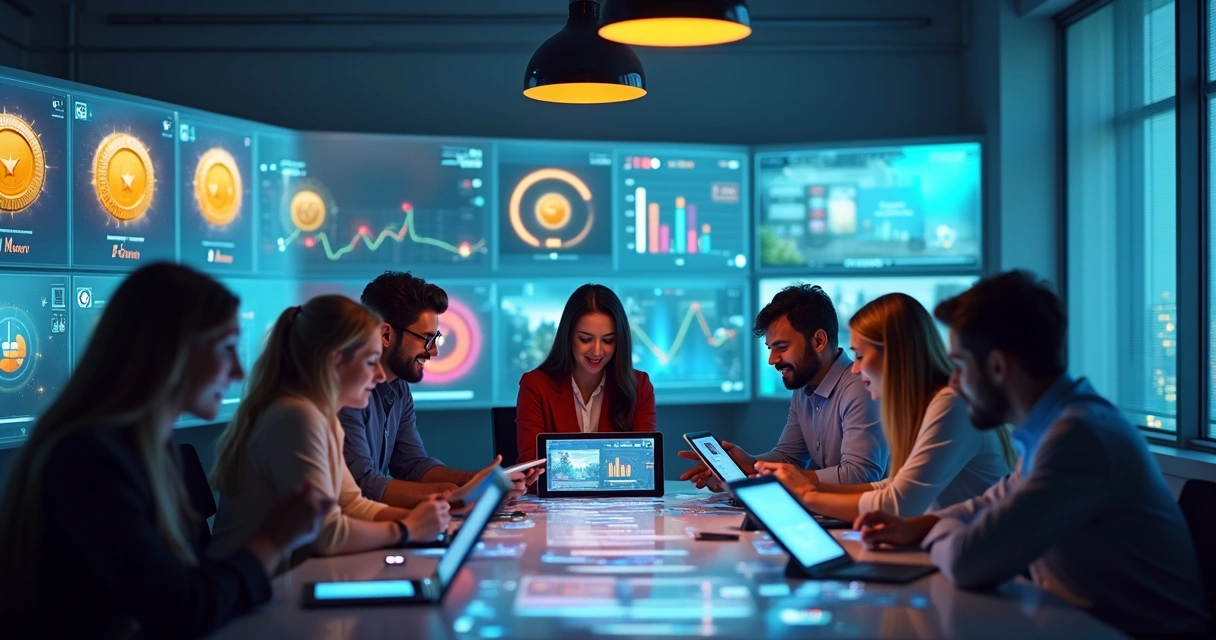 Equipe de escritório reunida ao redor de uma mesa interagindo com tablets e painéis coloridos, com elementos visuais de jogos ao fundo 