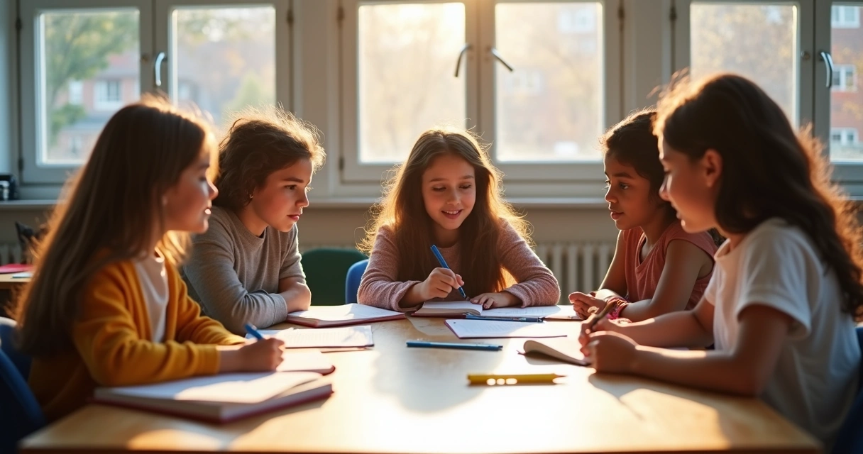 Estudantes ao redor de uma mesa com livros e cadernos