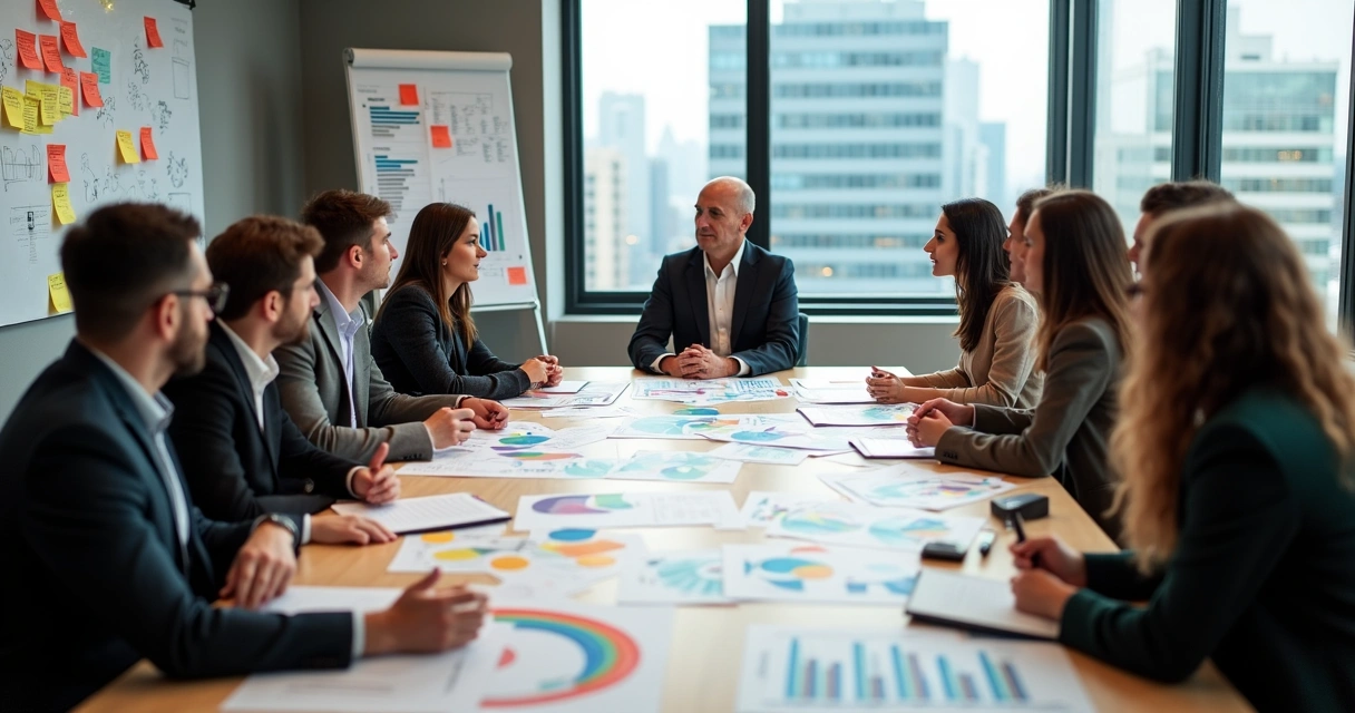 Grupo de gestores sentados em mesa de reunião analisando indicadores sociais