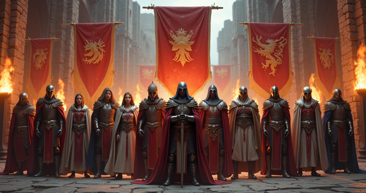 Jogadores organizados formando uma guilda no jogo Tibia, com bandeiras e símbolos de guilda ao fundo 