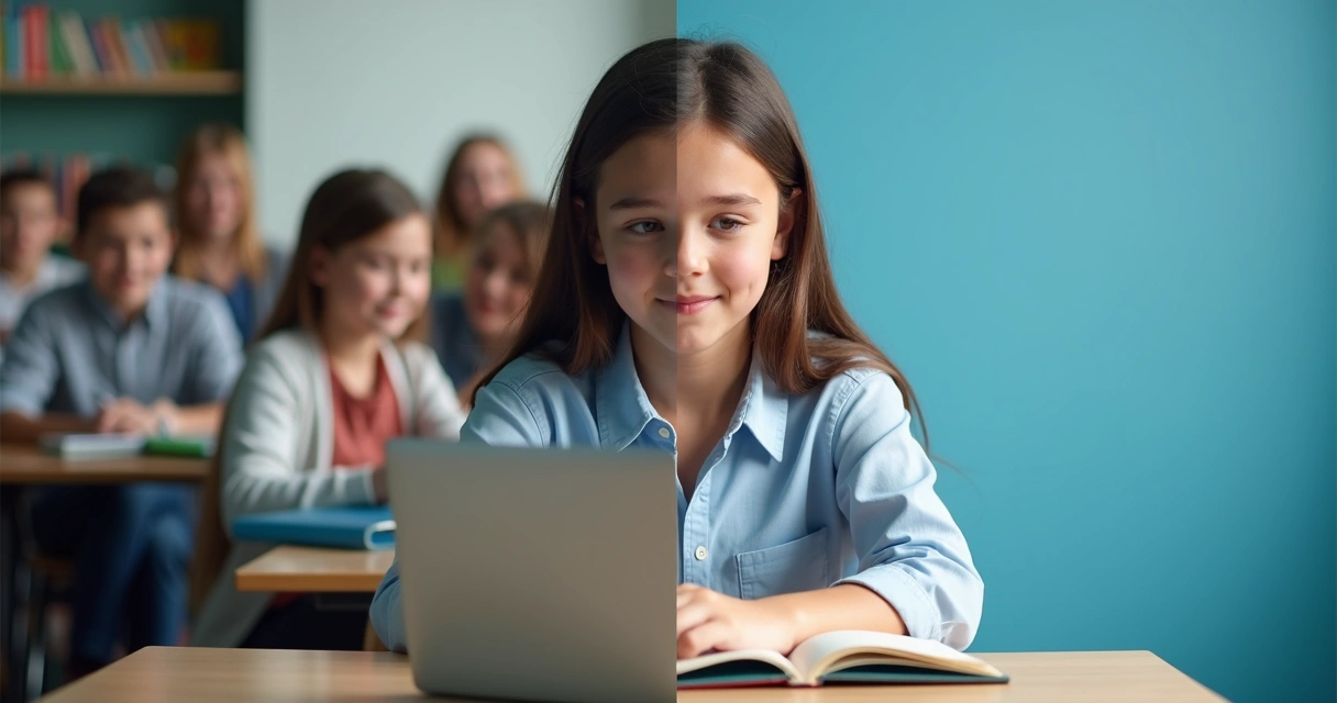 Grupo de jovens em cursinho presencial e estudante sozinho em casa na tela