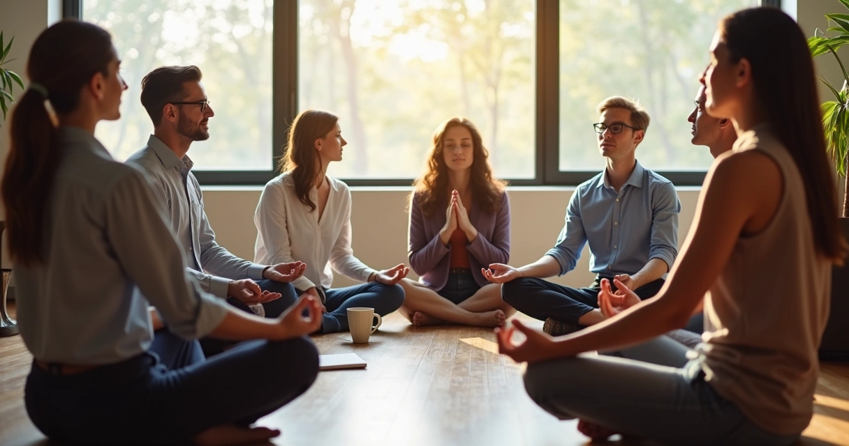 Varios adultos sentados en círculo en una sala luminosa practicando meditación juntos 