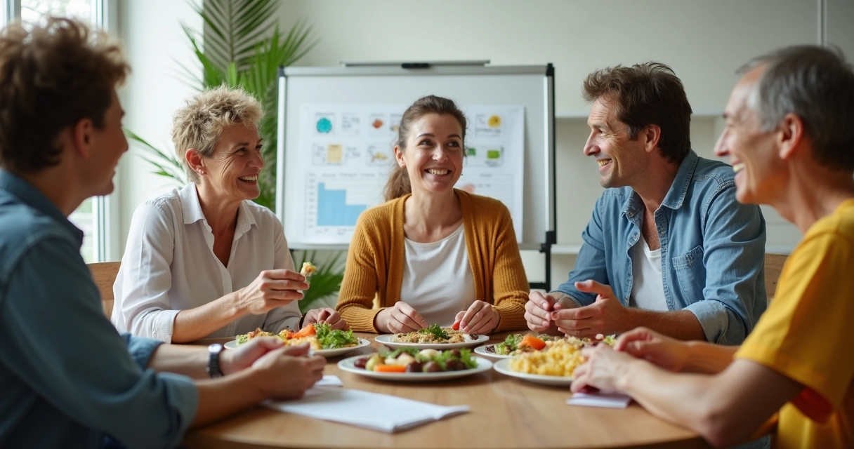 Pacientes reunidos com nutricionista, discutindo mudanças alimentares. 