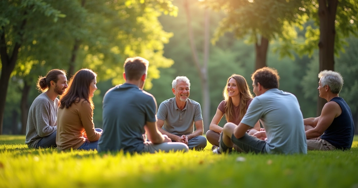 Personas de diferentes edades conversando en círculo en un parque