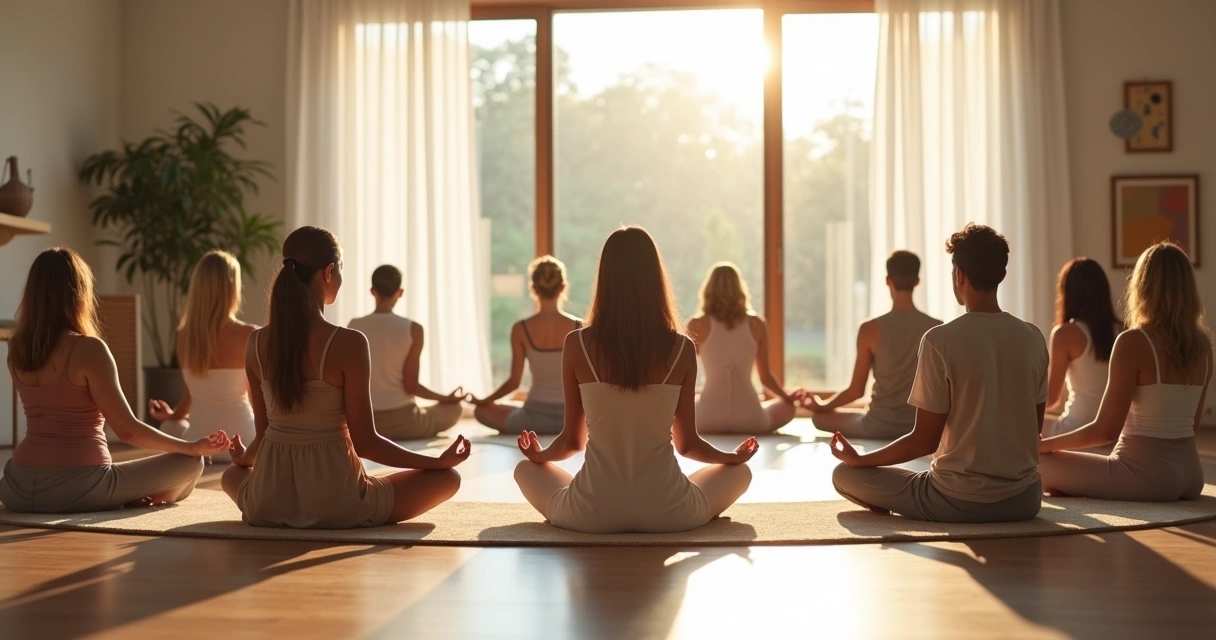 Grupo de personas meditando en círculo dentro de una sala 