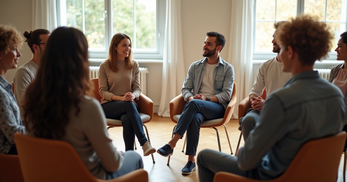 Grupo sentados em círculo olhando uns para outros com atenção 