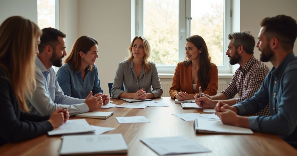 Grupo de pessoas sentados em círculo trocando ideias, com cadernos nas mãos 