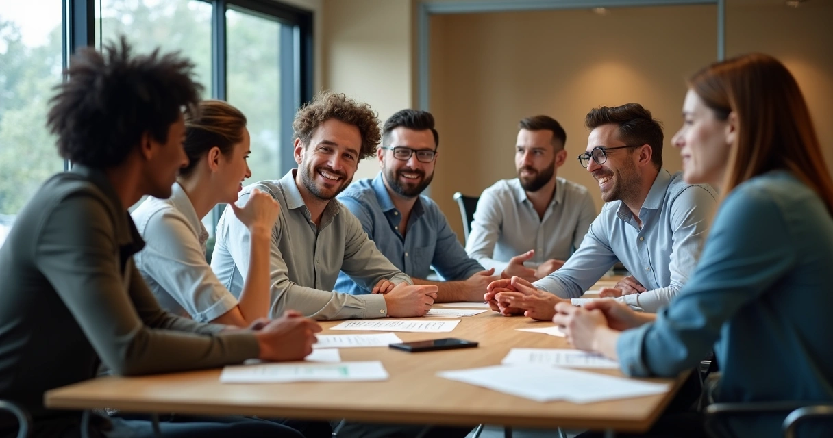 Grupo de pessoas em reunião corporativa, interagindo em torno de uma mesa de trabalho