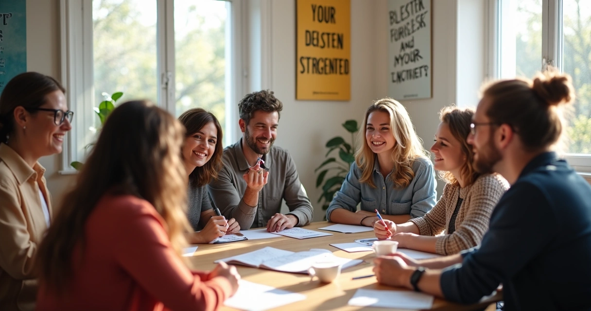Grupo em reunião colaborativa em ambiente social