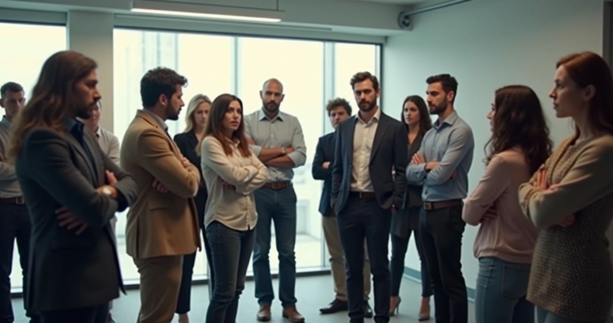 Círculo de pessoas conversando, algumas visivelmente desconfortáveis entre si.