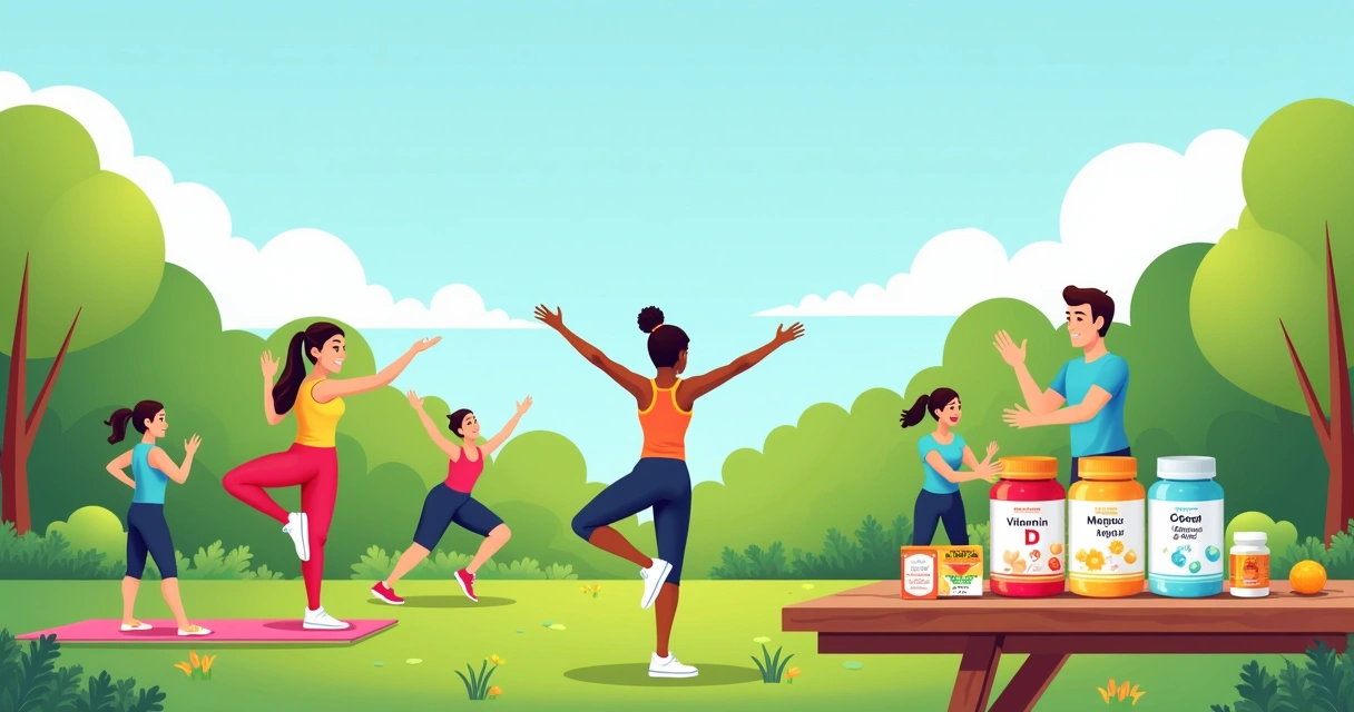 Grupo diverso de pessoas praticando yoga, caminhadas e exercícios em um parque, com suplementos ao lado.