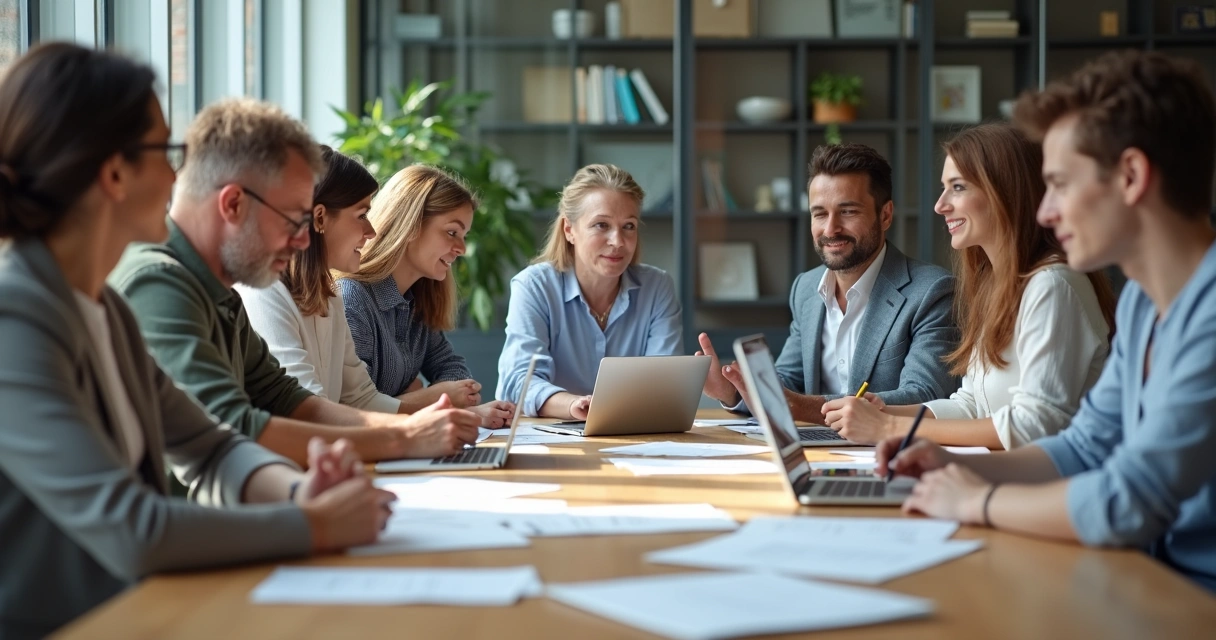 Personas reunidas conversando en una sala de reuniones 