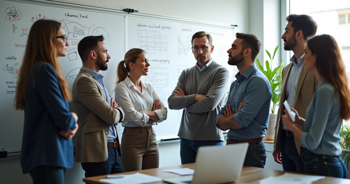 Grupo de colegas em reunião, discutindo em frente a um quadro branco com gráficos 