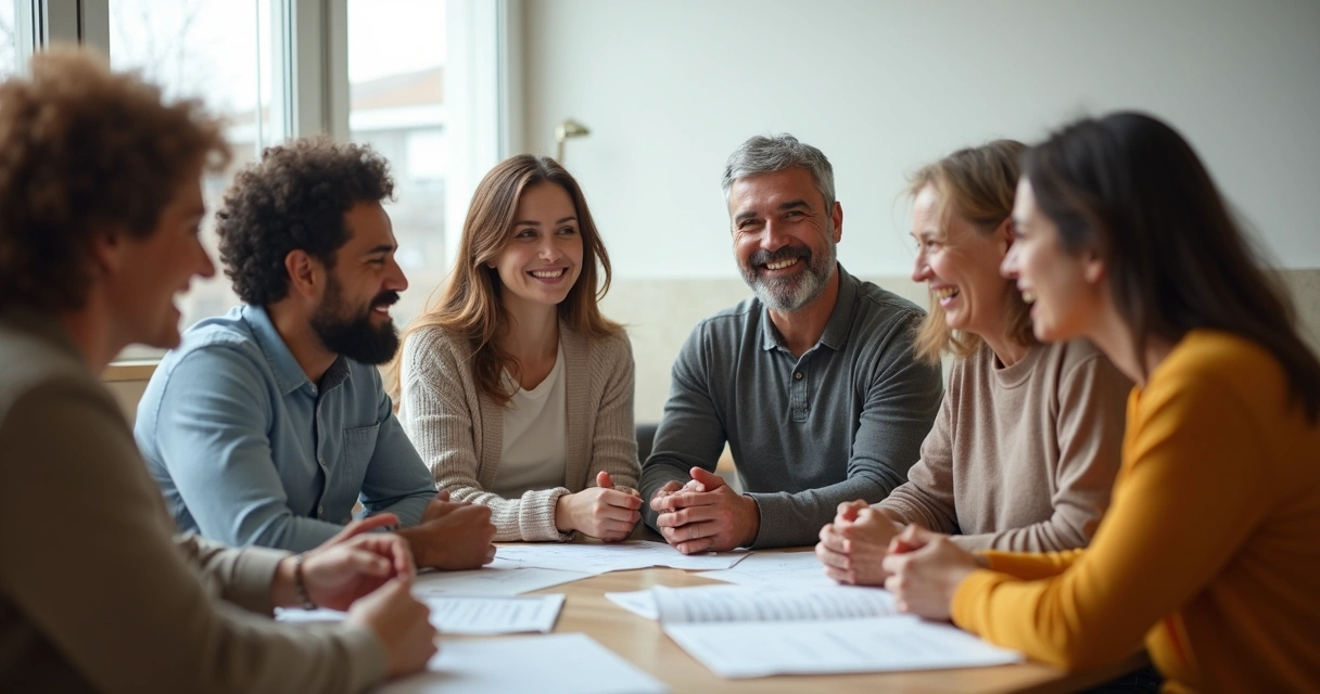 Várias pessoas com aparência diversa em roda debatendo de forma calma 