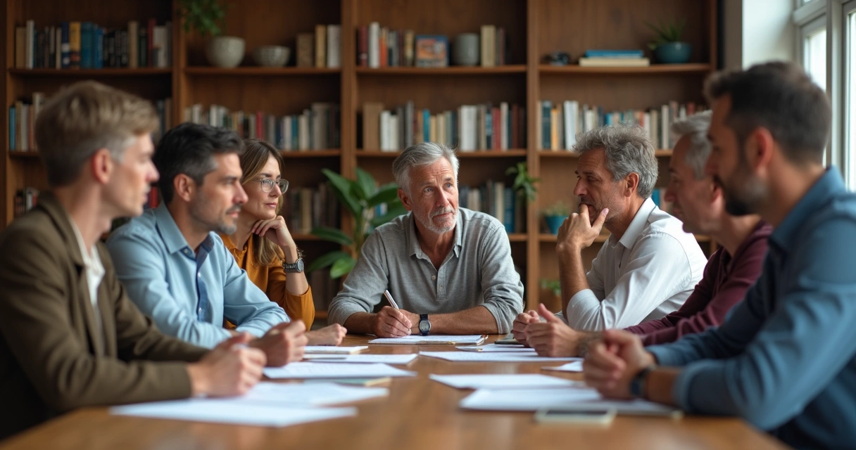 Grupo de adultos discutindo ética ao redor de uma mesa. 