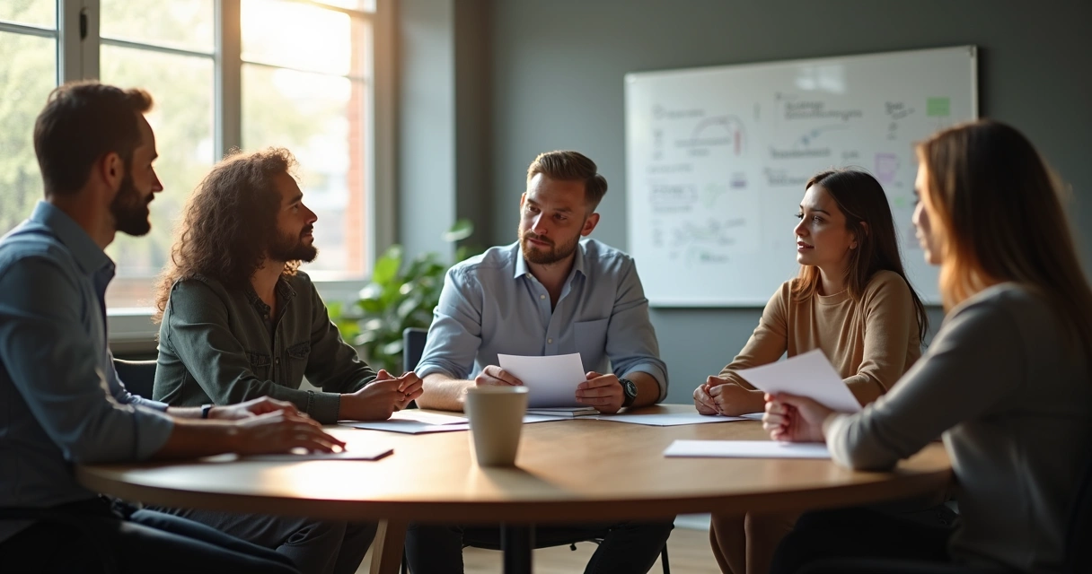 Grupo de pessoas refletindo e tomando decisão coletiva 