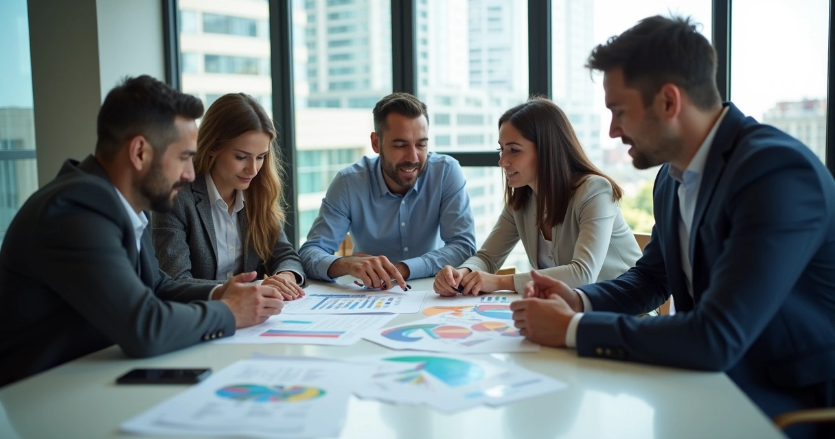 Equipe reunida ao redor de uma mesa analisando gráficos e discutindo estratégias 