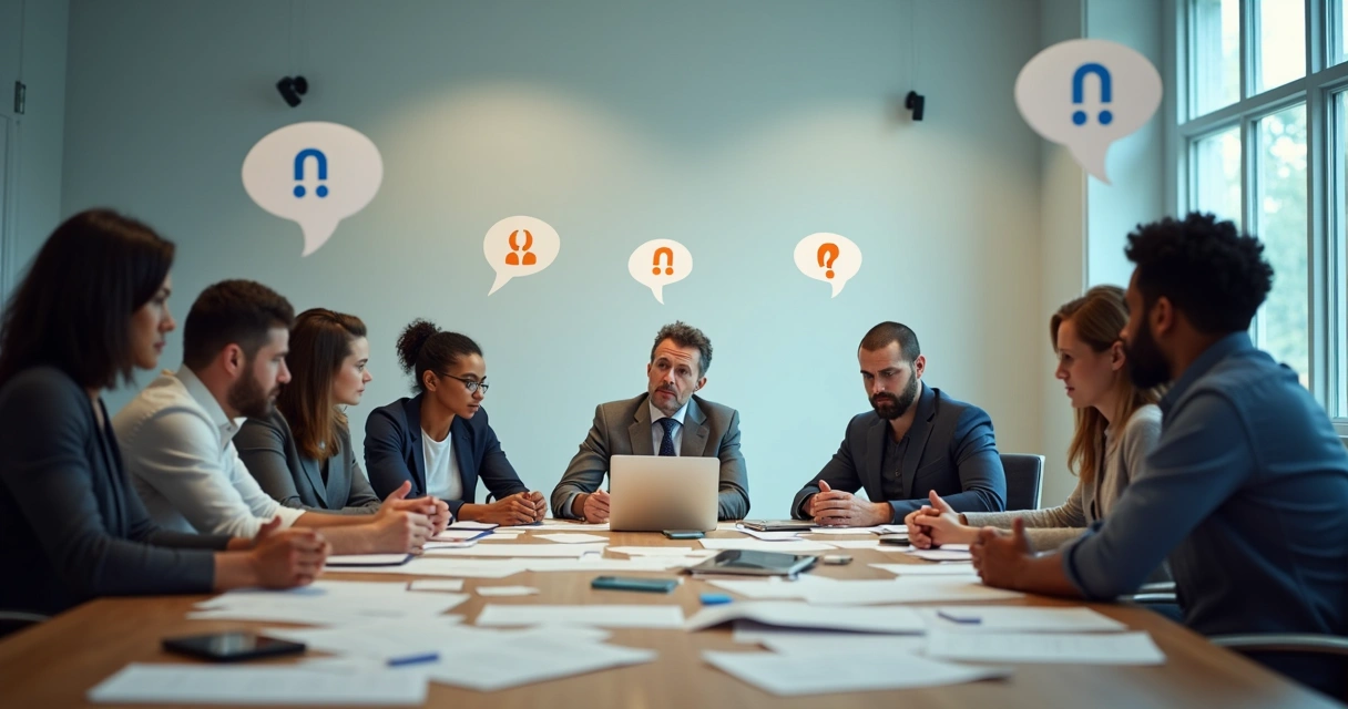 Reunião de grupo com pessoas em volta de uma mesa, expressando dúvidas 
