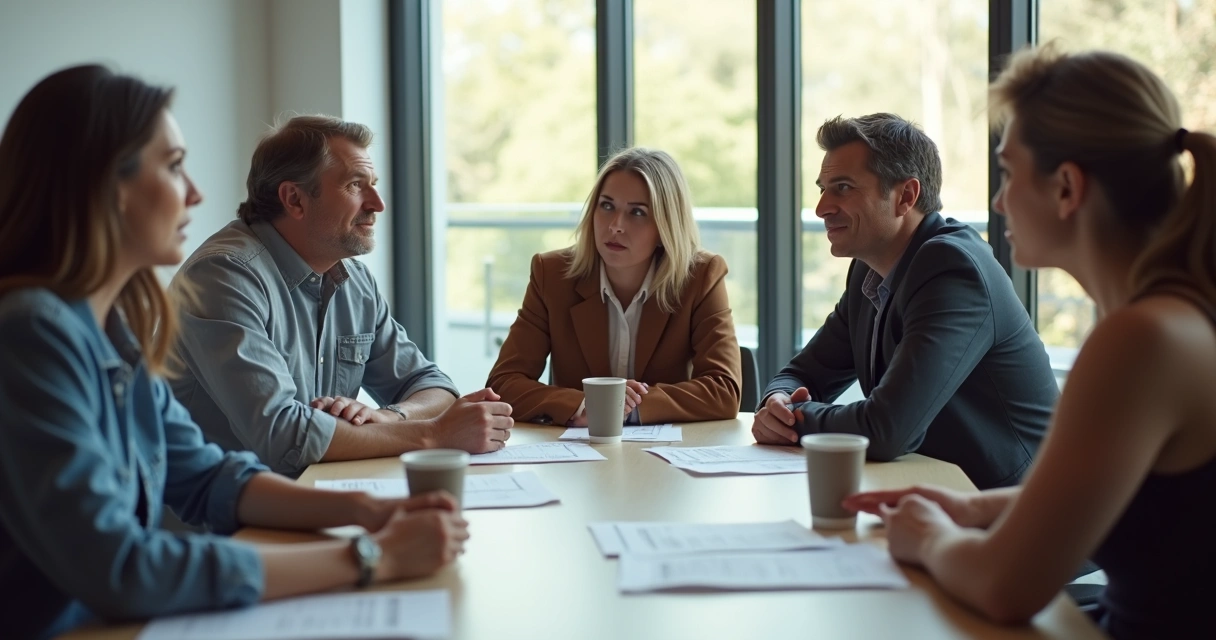 Personas en círculo dialogando con tonos serenos y mostrando diferentes expresiones faciales, algunos atentos, otros reflexivos 