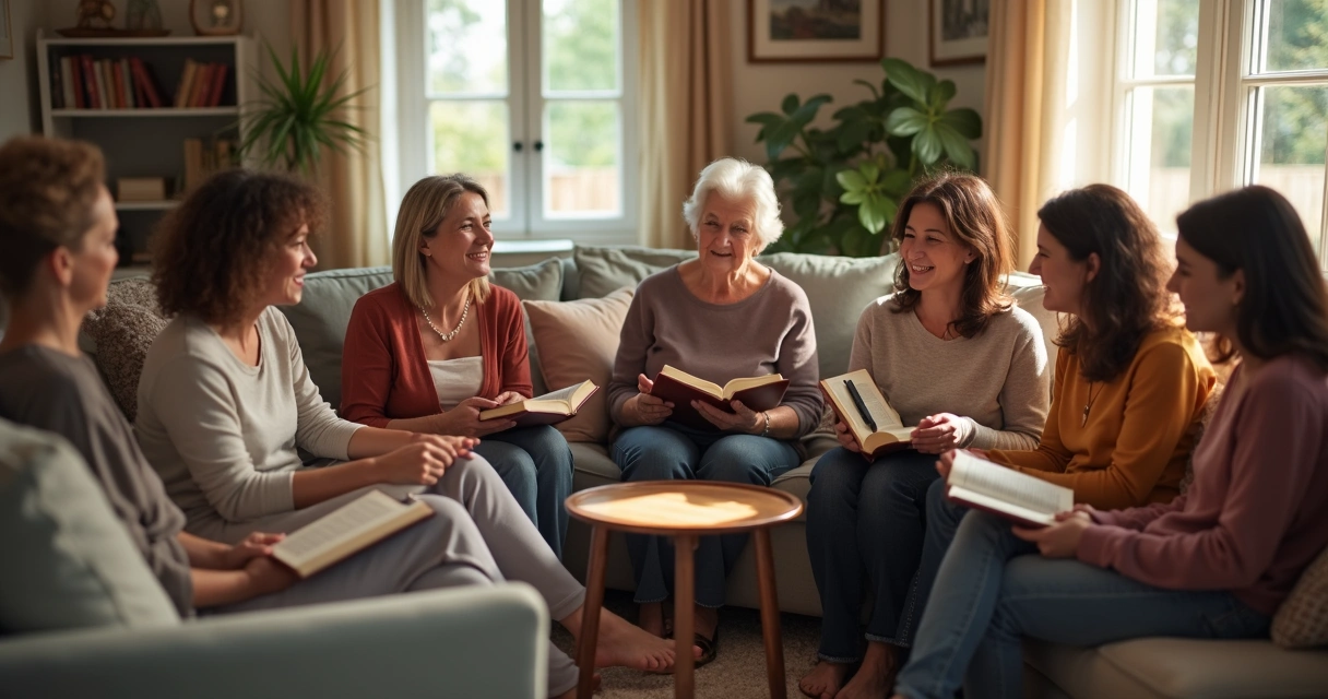 Grupo de mulheres reunidas em devocional.