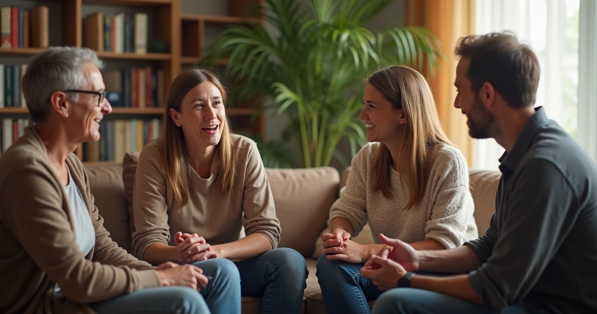 Pessoas conversando em roda, olhando umas para as outras