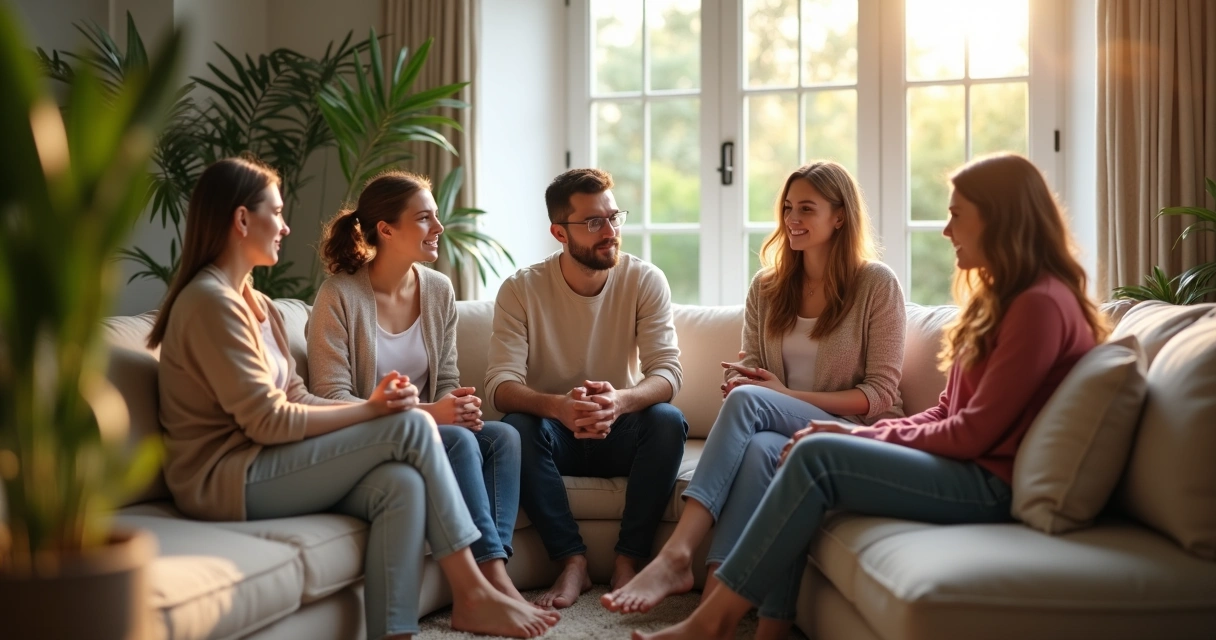 Grupo de personas dialogando en círculo, expresión de confianza 
