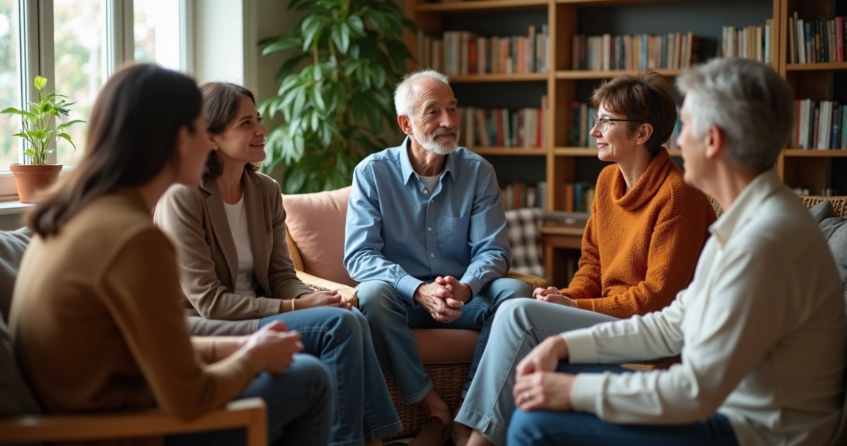 Grupo de pessoas conversando sentados em círculo, clima acolhedor 