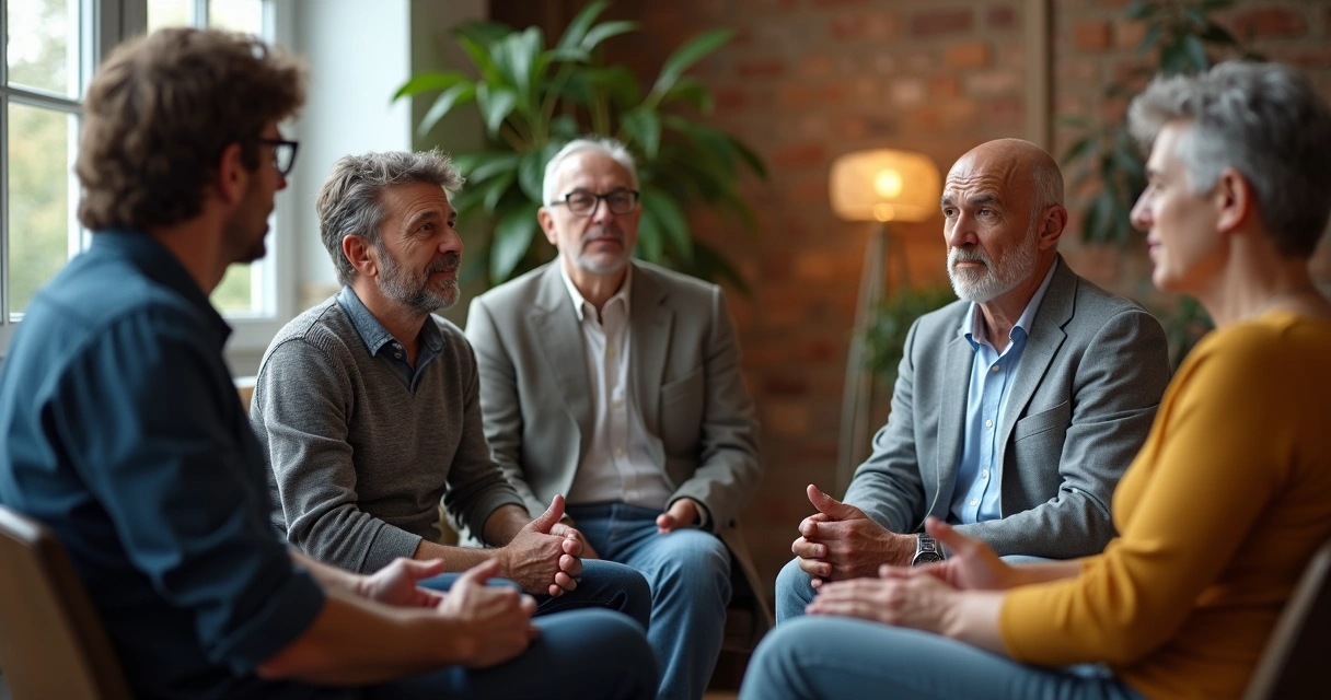 Varias personas conversando en círculo con atención y respeto 