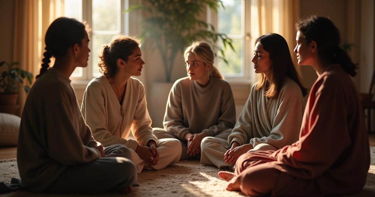 Grupo de pessoas em círculo praticando escuta ativa, ambiente acolhedor e espiritualizado. 