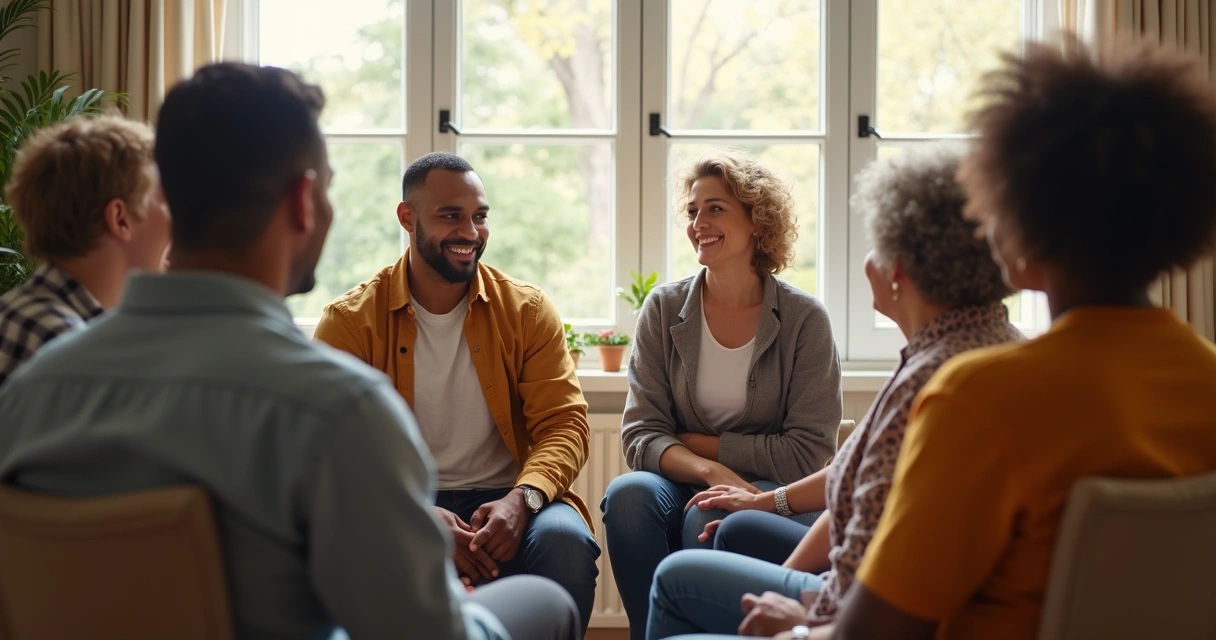 Grupo de pessoas diversas conversando em círculo em ambiente iluminado por luz natural 