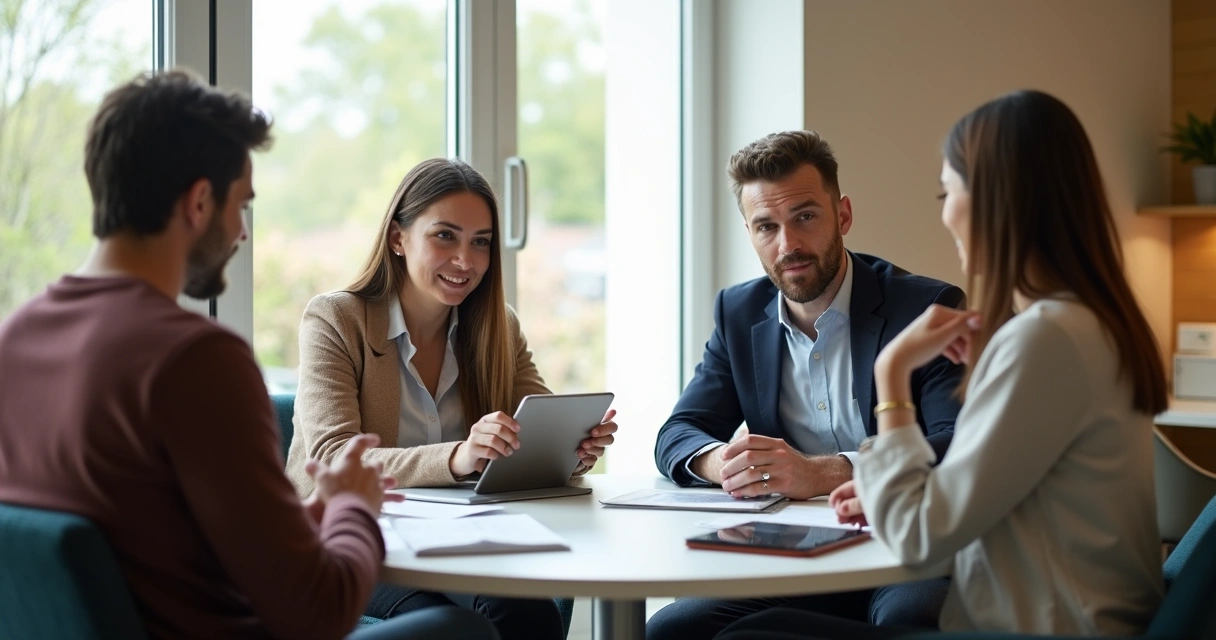 Grupo de pessoas reunidas em conversa no ambiente de trabalho 