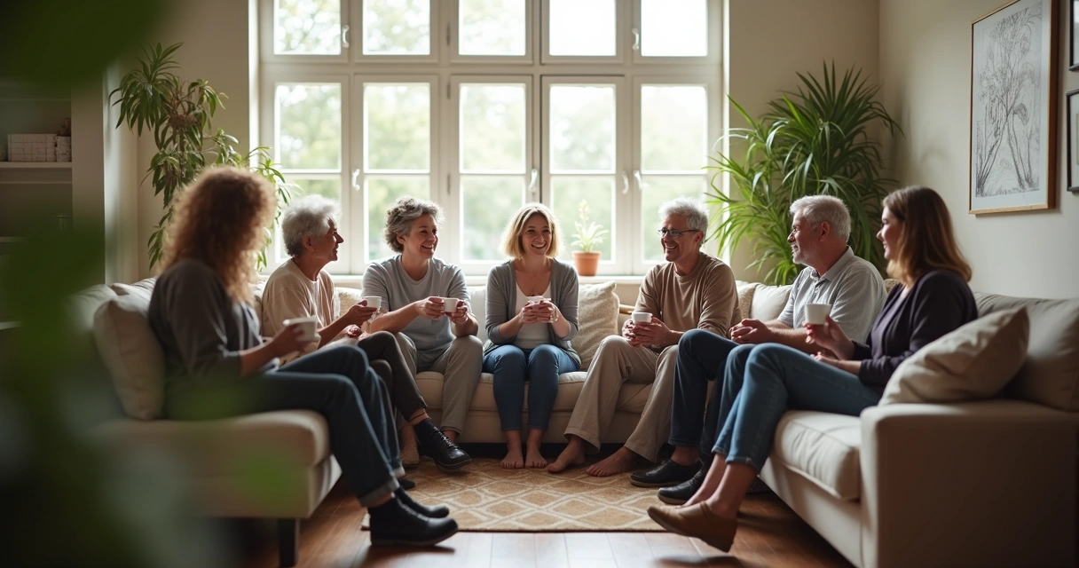Grupo de personas dialogando y compartiendo emociones en una sala 