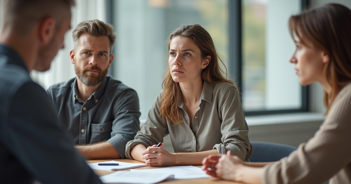 Três pessoas em reunião, uma falando com expressão séria, outras ouvindo atentamente 