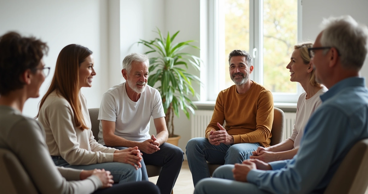 Grupo de pessoas conversando em círculo numa sala clara