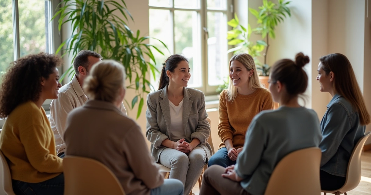 Grupo de pessoas conversando em círculo em uma sala tranquila 