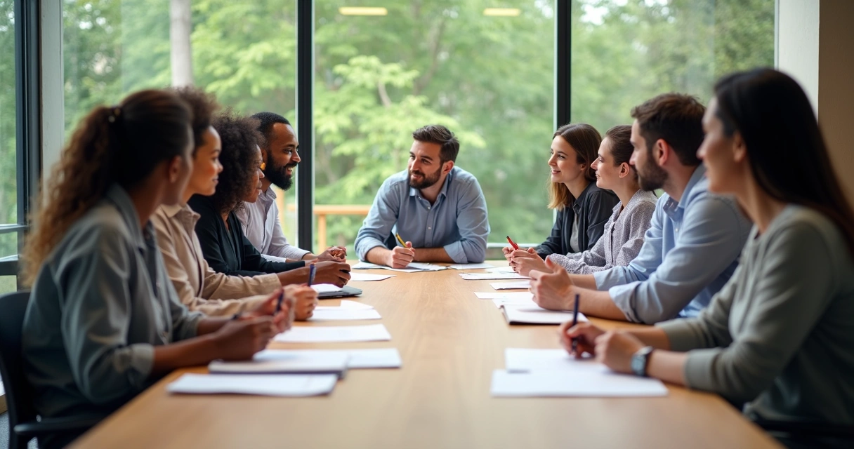 Pessoas discutindo em sala de reunião, papéis sobre mesa, ambiente iluminado, expressão de atenção. 