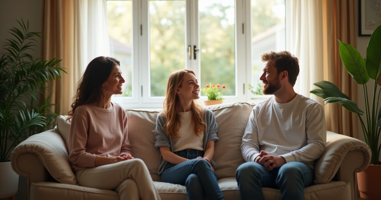 Grupo de pessoas conversando em uma sala de estar tranquila 