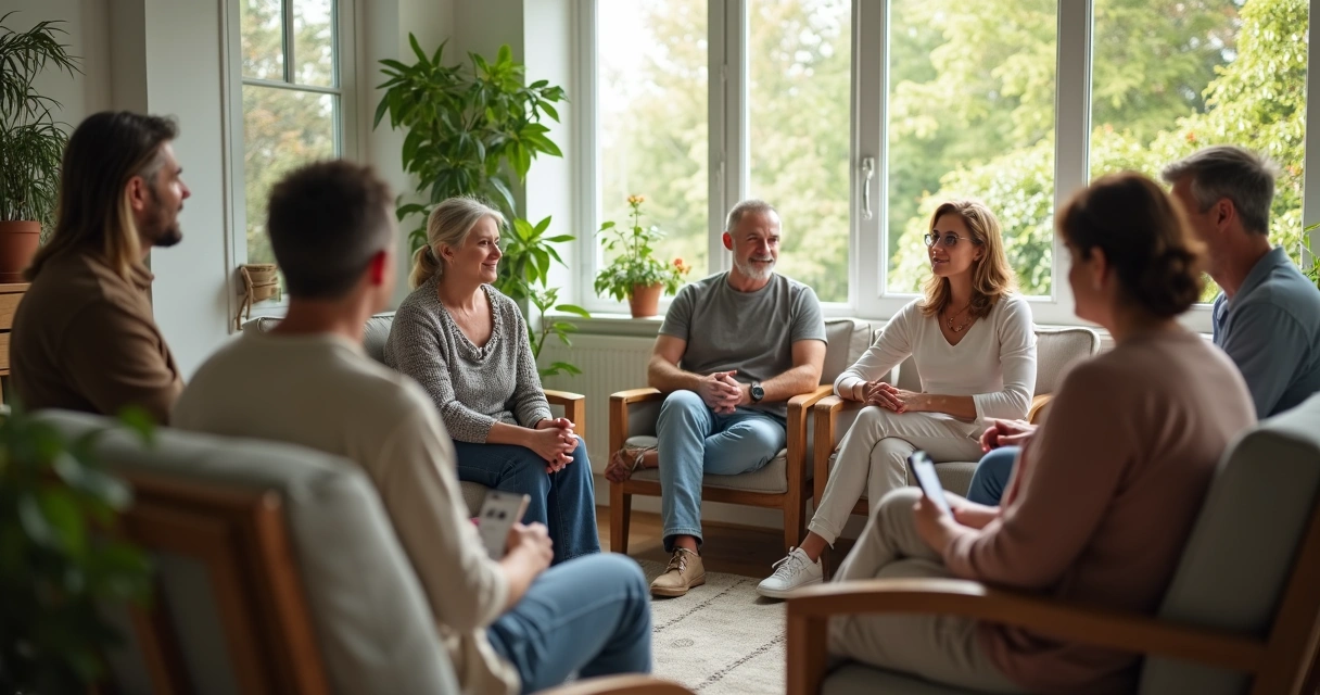 Grupo de personas charlando de manera calmada en una sala luminosa 
