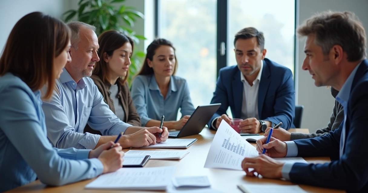 Grupo em diálogo analisando informações em mesa de reunião