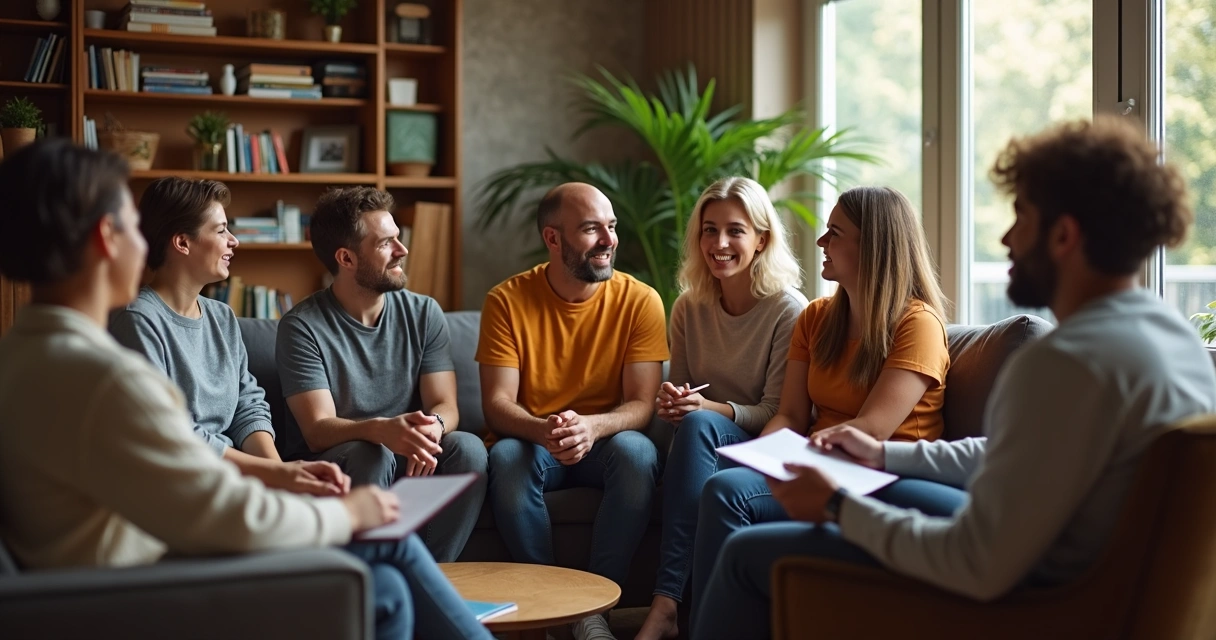 Grupo de pessoas conversando em círculo em ambiente aconchegante.