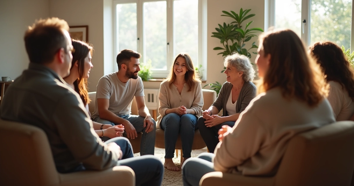 Pessoas sentadas em círculo conversando em ambiente iluminado 