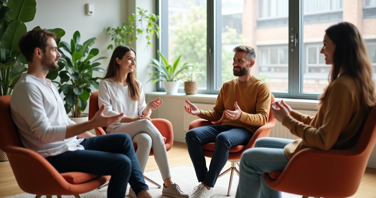 Grupo de personas sentadas conversando con atención plena, expresiones faciales relajadas y miradas atentas 