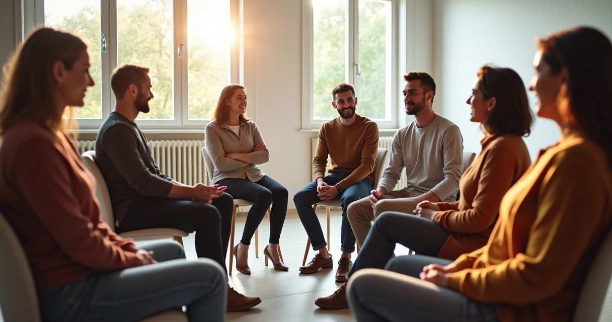 Grupo de pessoas sentadas em círculo tendo conversa aberta e sincera.