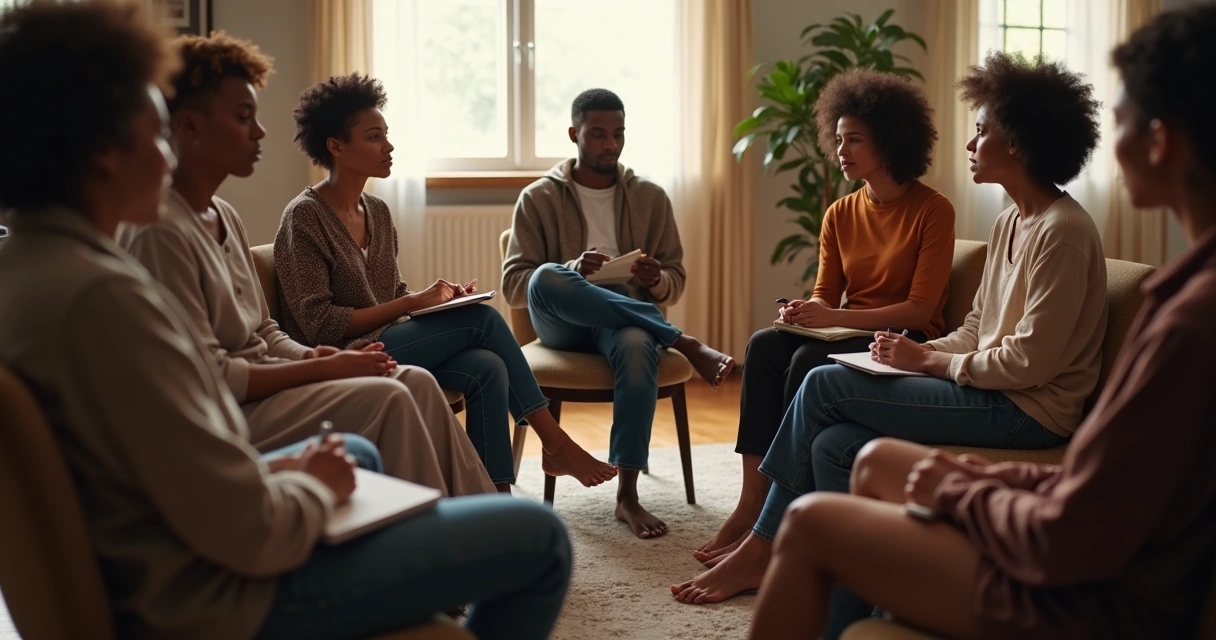 Grupo em roda em debate reflexivo sobre autoconhecimento