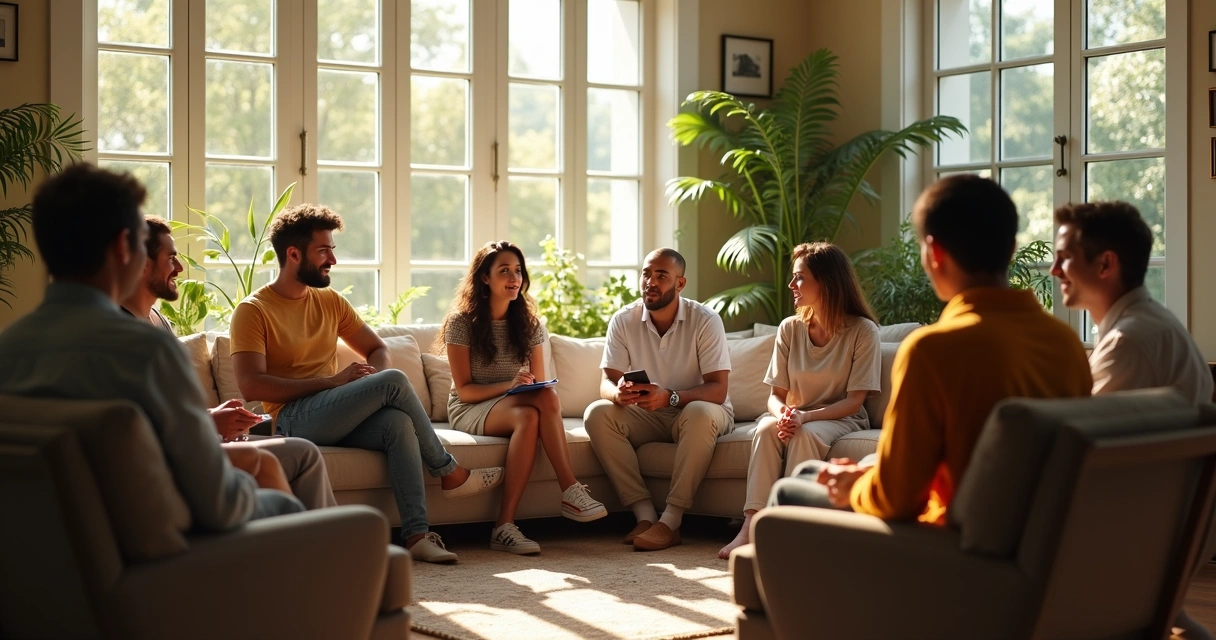 Grupo de pessoas sentadas em círculo conversando 