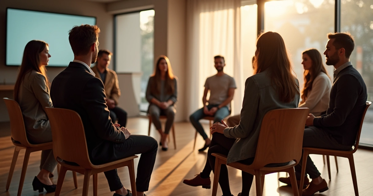 Grupo de personas dialogando en círculo de luz suave 